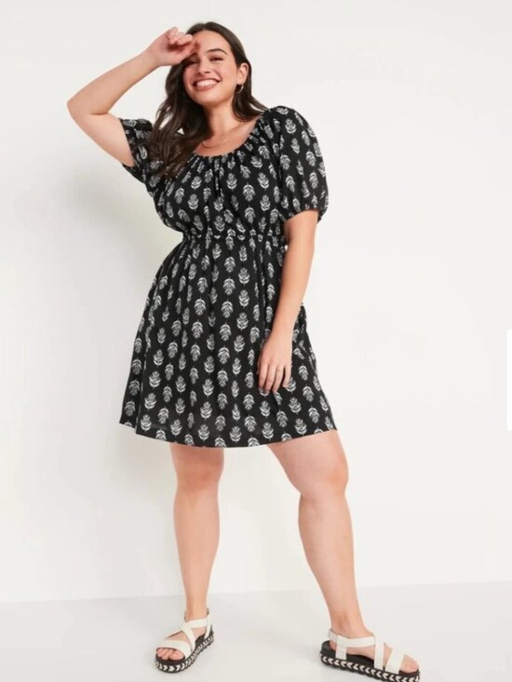 Old Navy Puff-Sleeve Printed Tie-Back Mini Dress Black Leaf Print Size Large